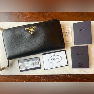 Authentic Prada Black Saffiano Large Zip-Around Wallet with Gold Logo
